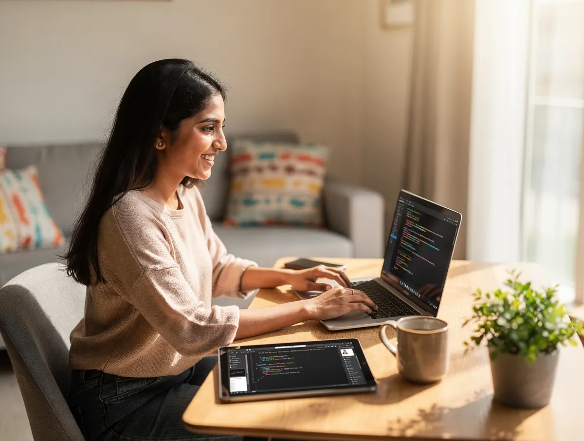 A developer studying with the Tech Books Series on her laptop and tablet
